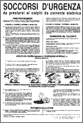 Cartello soccorsi d'urgenza da prestarsi ai colpiti da corrente elettrica