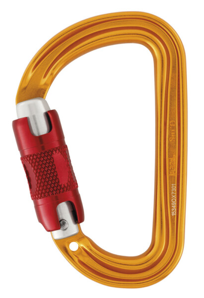 Moschettone Petzl modello "SM'D" con ghiera di bloccaggio e sistema TWIST-LOCK
